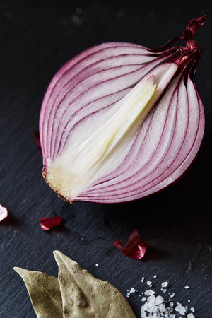 Close-up of sliced red spanish onion with bay leaf and sea salt - top flat lay view. Healthy raw...