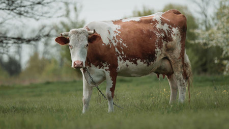 Cow grazing freely on grassの写真素材