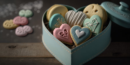 Heart shaped sweet macarons, marshmallow and cookies, Valentines Day, Wedding, Mothers Day desert, AI generatedの写真素材