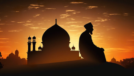 Ramadan Kareem greeting. Muslim praying in front of mosque on sunriseの写真素材