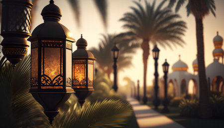 Ramadan Kareem. Ornamental Arabic lantern with burning candle glowing