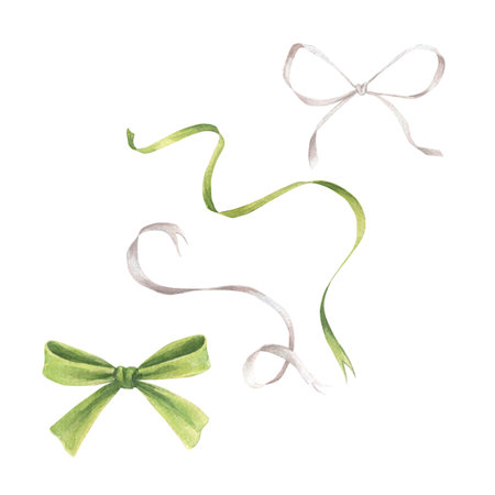 A set of ribbons and bows. Watercolor illustration hand drawn and isolated on a white background. Perfect for decorating postcards, wedding invitations or other celebrations, tableware, textiles etcの写真素材
