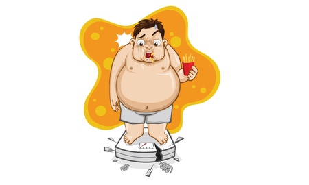  man fat over weight eat French Friesのイラスト素材