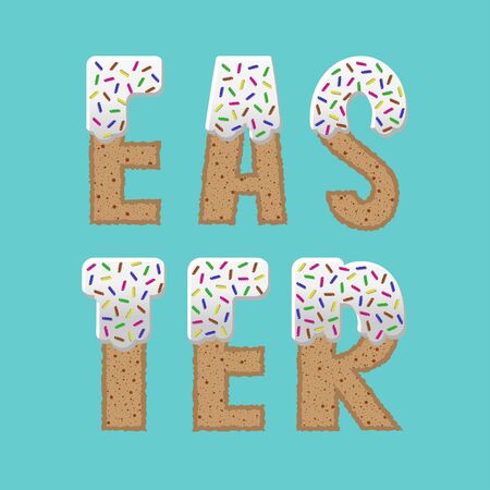 Glazed cookie cartoon Easter vector illustration. Colorful letters covered icing-sugar and topping isolated on blue background. Hand drawn festive lettering for print, poster, flyer, card, banner. Flat design typographyのイラスト素材
