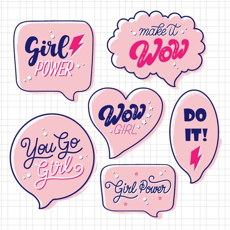 Set of woman motivational quotes in speech bubbles. Isolated vectors with hand drawn lettering typography on school paper sheet. Make it Wow. Girl Power. You go Girl. Wow Girl. Do it. Design templateのイラスト素材