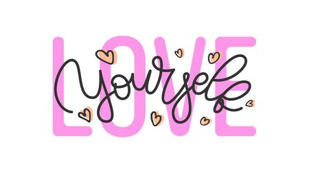 Love yourself hand drawn slogan. Vector illustration with lettering typography isolated and hearts on white background. Motivational quote for poster, t shirt, banner, card, sticker, badge, ad, pinのイラスト素材