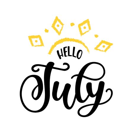 Vector hand lettering composition of Hello July quote. Illustration isolated on white background. Hand drawn design for summer party poster, badge, logo, card or summer sale bannerのイラスト素材