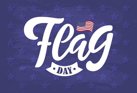 Text Flag day. Celebration vector lettering. Illustration of hand drawn calligraphy, ribbon, USA flag on textured background. Typography poster for American national holiday. Icon, card, banner designのイラスト素材