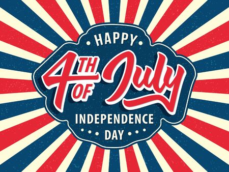 4th of July American Independence day background. Vector illustration. Sunburst and hand drawn lettering in red blue colors with vintage look texture. Poster, postcard, banner for USA national holidayのイラスト素材
