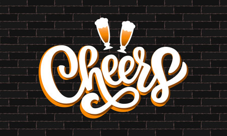 Cheers hand drawn brush pen lettering and beer on dark background. Vector illustration isolated on...