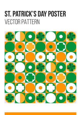 St. Patricks Day geometric poster in modern style. Layout design template, annual report, leaflet. Vector pattern with simple geometric shapes and shamrocks. Irish holiday background, illustrationのイラスト素材