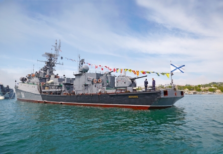 SEVASTOPOL, UKRAINE -- MAY 12, 2013  A modern warship  Muromets  in the parade of ships  Celebrating 230 years of the Black Sea Fleet のeditorial素材