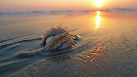 Starfish on the beach, buried in the sand. Sunset, backlight.