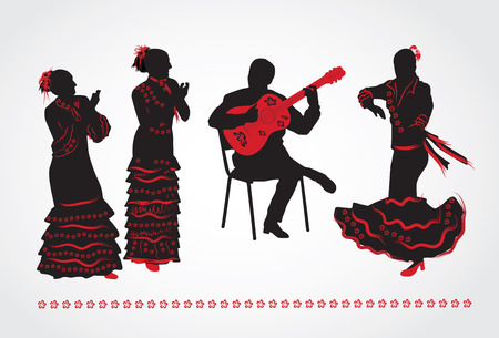 Flamenco dancers and a guitarist. Set of silhouettes on a white background.のイラスト素材