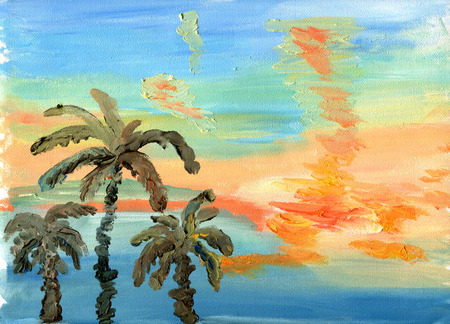Palm trees against a bright sunset sky. Sketch of oil.の写真素材