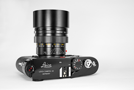 Chinatown,Bangkok/Thailand - January 24 2018 : Photo of rangefinder Telephoto lens for leica m film 35mm camera since 1980 to 2007 by leica germany in name Leica Summilux 75mm F1.4 black chrome.のeditorial素材