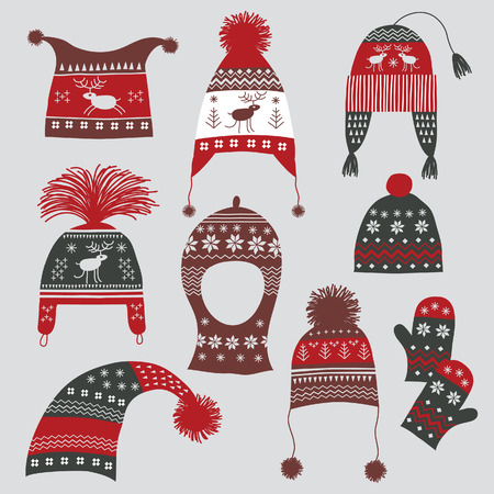 Winter hats with nordic ornamentのイラスト素材