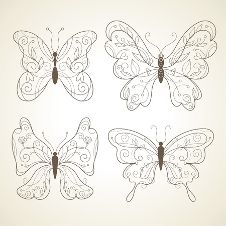 Set of Vector butterflies with floral elementsのイラスト素材
