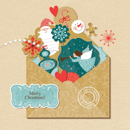 Set of Christmas and New Year elements in vintage envelopeのイラスト素材