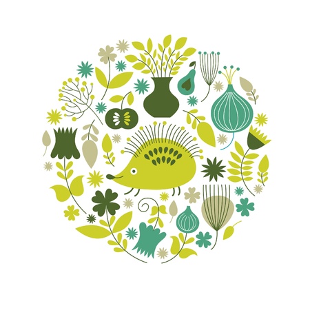 Floral illustration with cute the hedgehog and flowersのイラスト素材