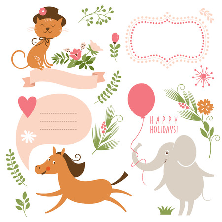 set of cartoon animals and graphic elementsのイラスト素材