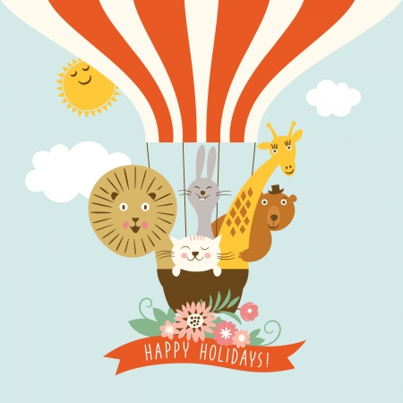 Funny friendly animals in a balloonのイラスト素材