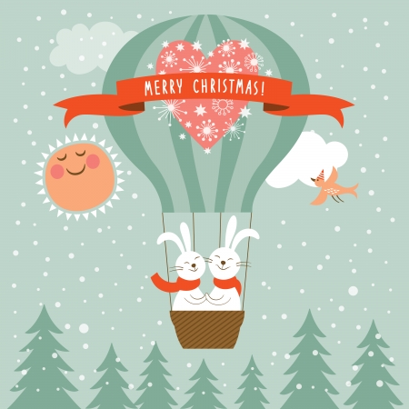 Vector new year rabbits flying a magic balloonのイラスト素材