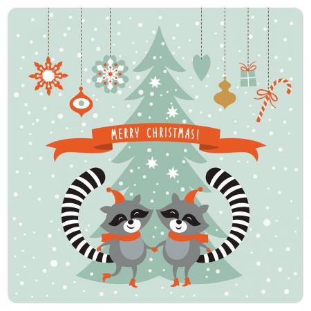 Christmas card with two raccoonsのイラスト素材