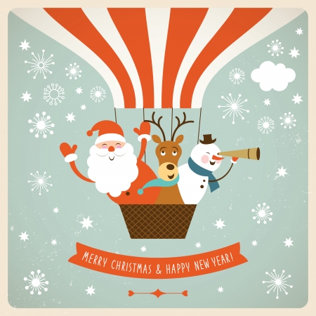 Santa, deer and snowman fly a hot air balloonのイラスト素材