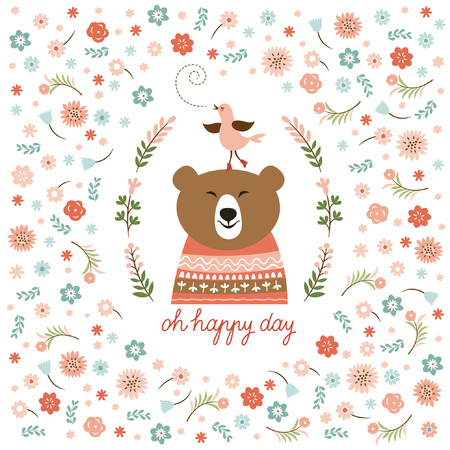 cute bear and little birdのイラスト素材