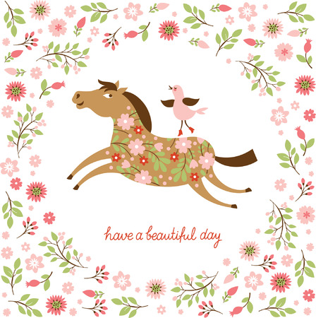 the floral horses  in a gallopのイラスト素材