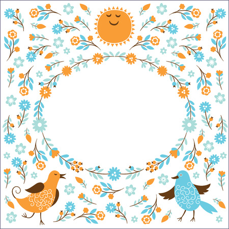 Greeting card with flowers and cute birds Place for your textのイラスト素材