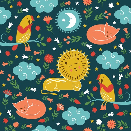 lullaby pattern, sleepy cute animalsのイラスト素材