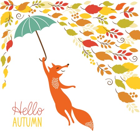 cute fox fly with umbrellaのイラスト素材