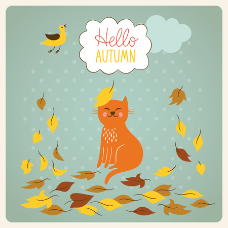 Cat and fall of the leavesのイラスト素材
