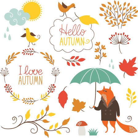 set of cartoon characters and autumn elementsのイラスト素材