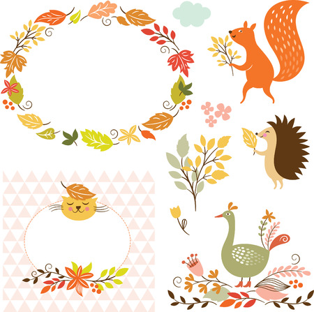 set of cartoon characters and autumn elementsのイラスト素材