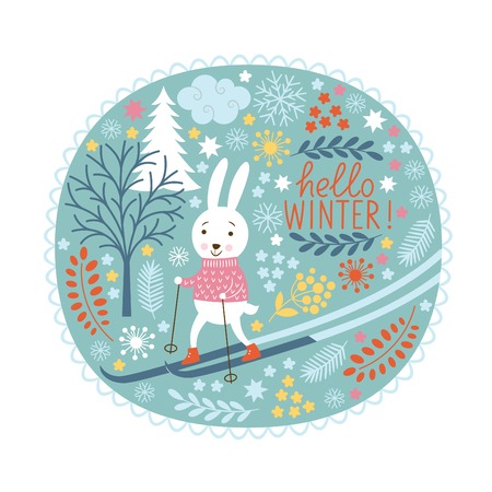 Christmas greeting card, rubbit skierのイラスト素材