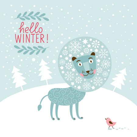 Christmas greeting card, snow fairy lionのイラスト素材