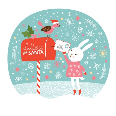 Letter for Santa,the cute little rabbit is sending the letters for Santa, Christmas cardのイラスト素材