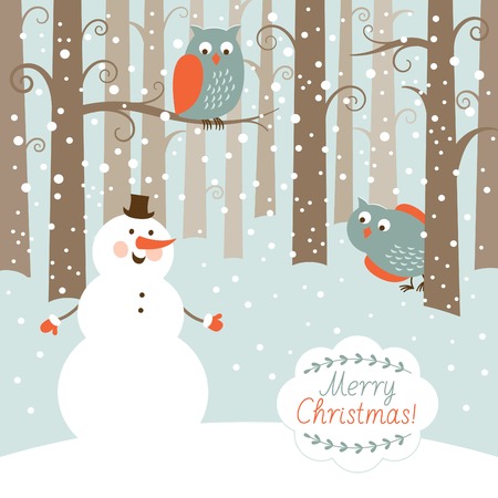 Greeting Christmas card, snowman in the forestのイラスト素材