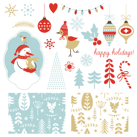 Set of Christmas illustrations and graphic elements and seamless patternのイラスト素材