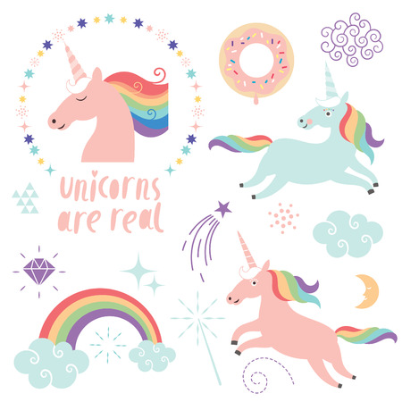 set of magic unicorns, rainbow, clouds, magic graphic elementsの写真素材