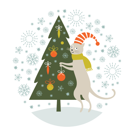Christmas card, cat decorates christmas treeのイラスト素材