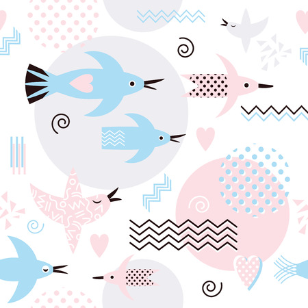 seamless pattern with stylized birds in memphis styleのイラスト素材