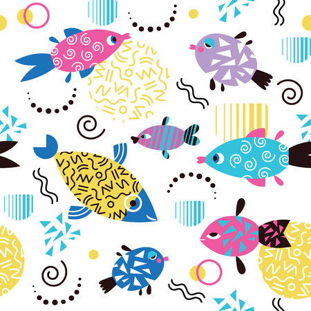 seamless pattern with stylized fish in memphis styleのイラスト素材