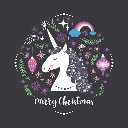 Christmas card White Unicornのイラスト素材