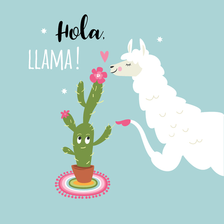 cute llama illustration on blue backgroundのイラスト素材