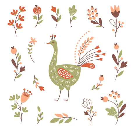 decor floral elements, burd, vector set on white backgroundのイラスト素材