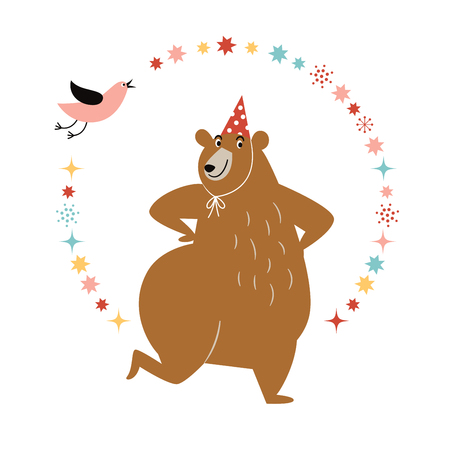 Funny dancing bear, idea for greeting card, birthday card, invitation. Vector illustrationのイラスト素材
